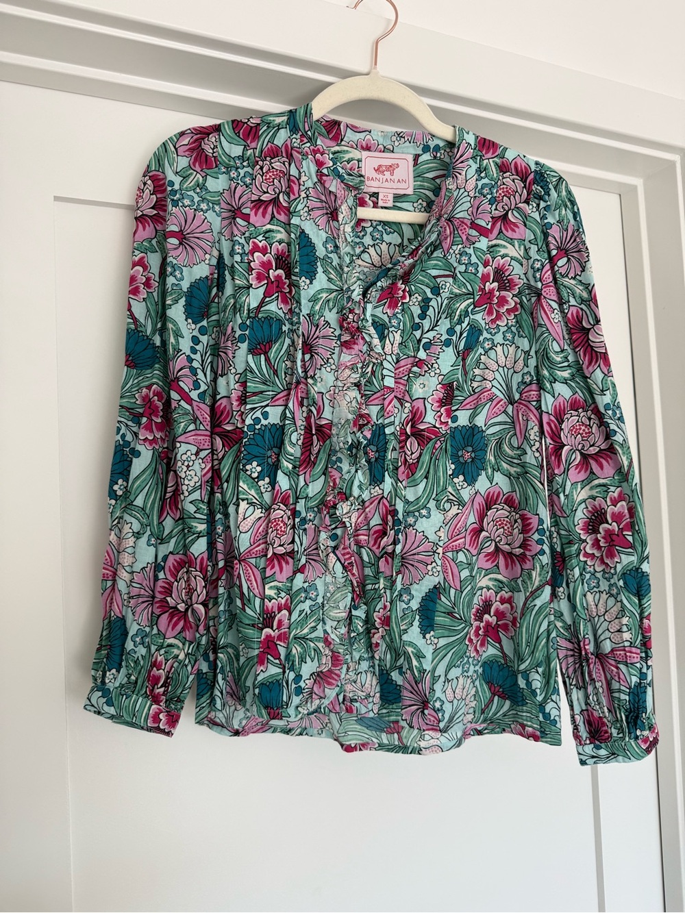 Banjanan Floral Ruffle-Front Blouse in Teal and Pink